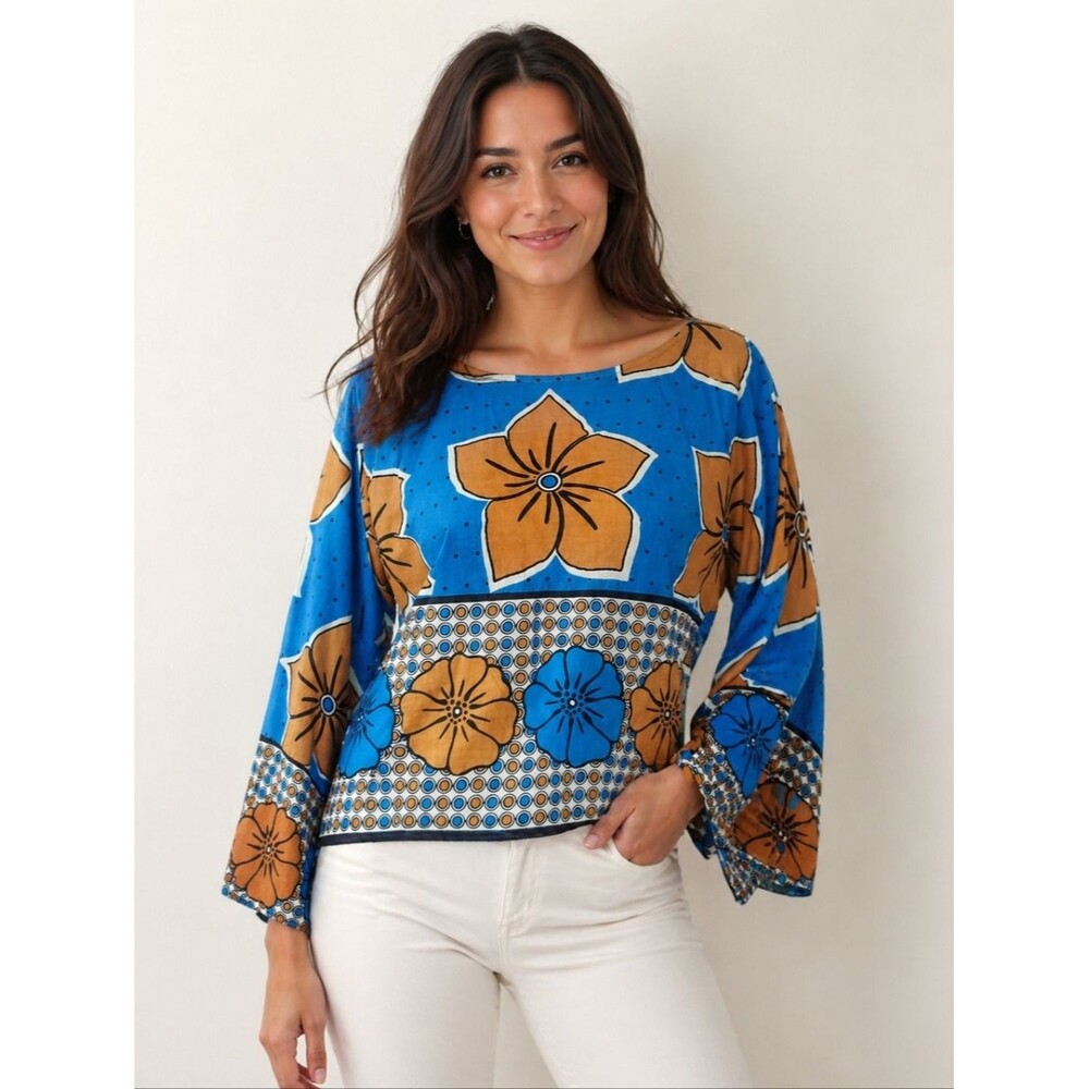 Ashro Turquoise White & Rust Cropped Cotton Blouse, Bell Sleeves, M